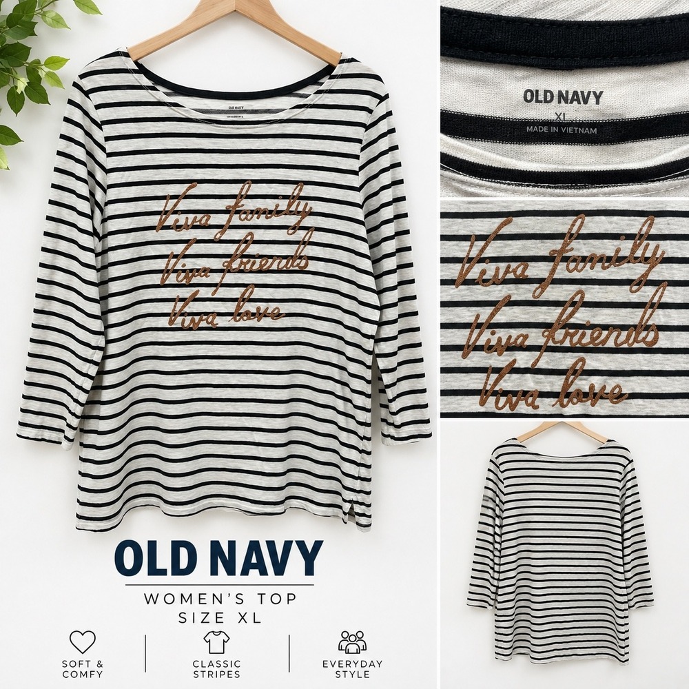 Old Navy Womens XL Striped Viva Family Friends Love Glitter Graphic Top Black